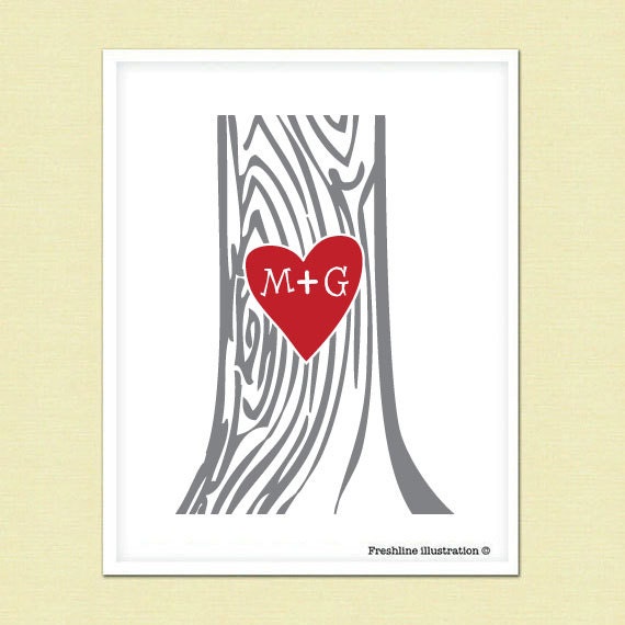 Love Art Print - Carved Heart on Tree - Your initials - Red Heart - 8x10 Personalized Art