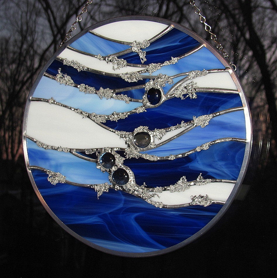 Abstract Stained Glass Suncatcher Blue and White Ocean Waves with Splattered Solder Effect