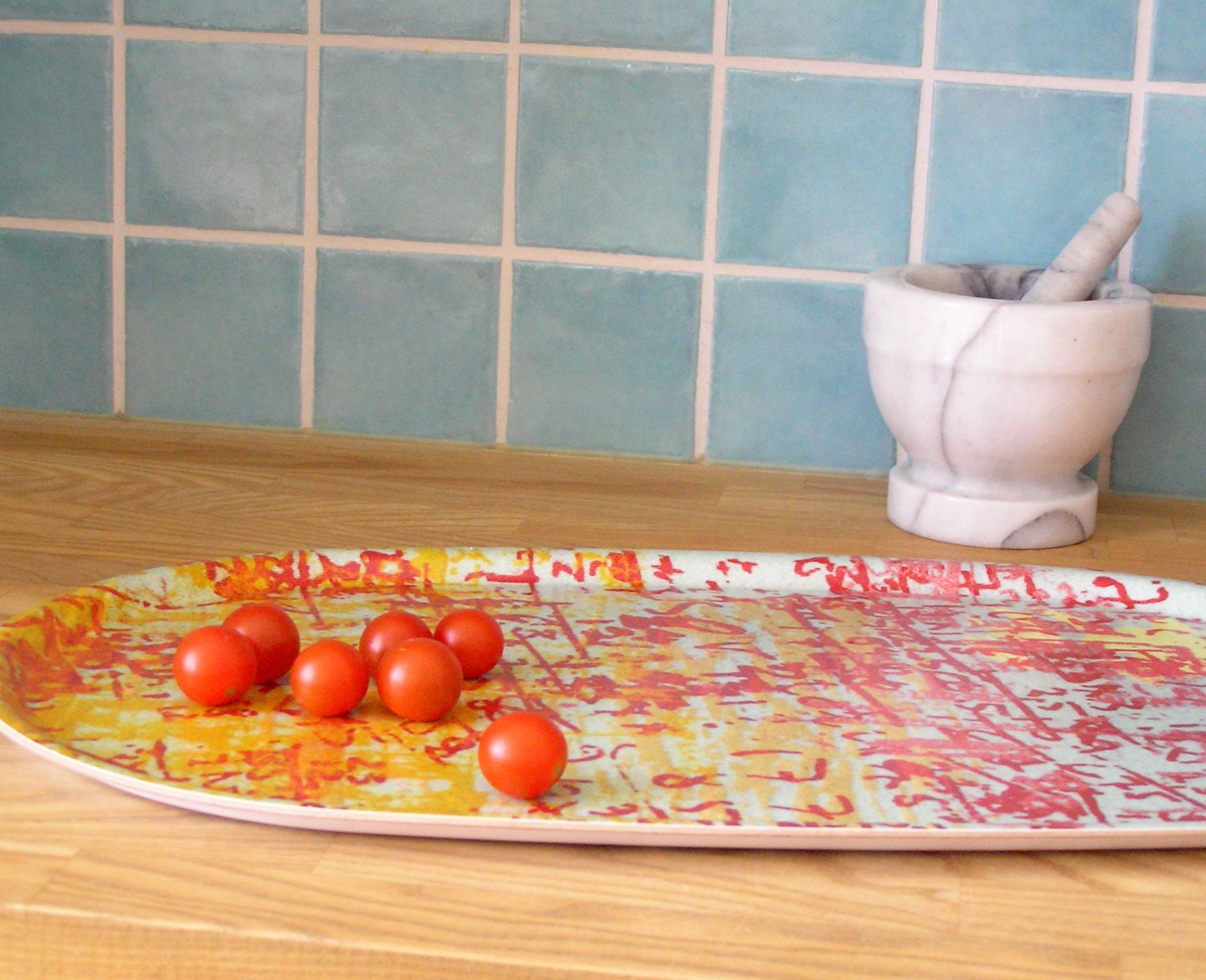 Serving Tray - modern tray - laminated  tray - red yellow nectarine - spring sale