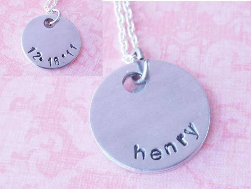 Two Sided  Handstamped Name and Date Necklace