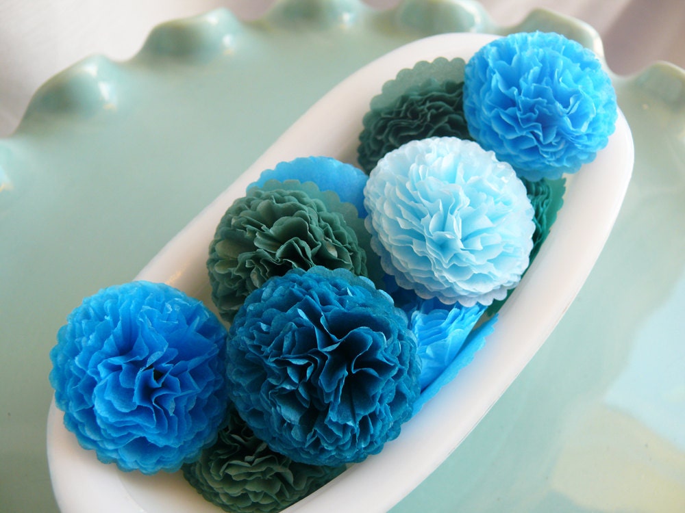 Button Mums Tissue Paper Flowers Wedding, Bridal Shower, Baby Shower Decor Blues Greens