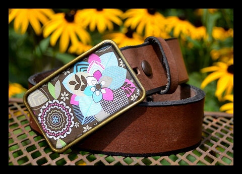 The Gracie Belt -  Leather Belt with Soft Taupe, Aqua and Pink Belt Buckle