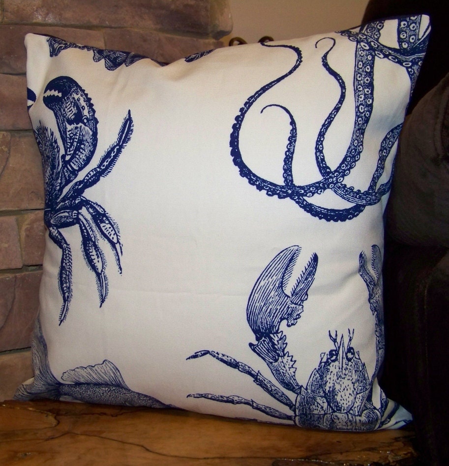 One Oceanic Pillow Cover Thomas Paul Oceania 16 x 16 Octopus Crab Lobster Fish Sea Life Decor In Indigo Blue/Cream/Natural Ready to Ship