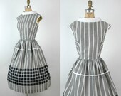 1950s Coquette Day Dress / Vintage Grey Striped Dress XL