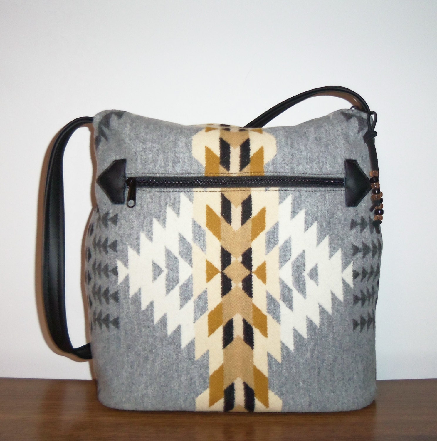 Large Purse Shoulder Bag Gray Blanket Weight Wool Black Leather