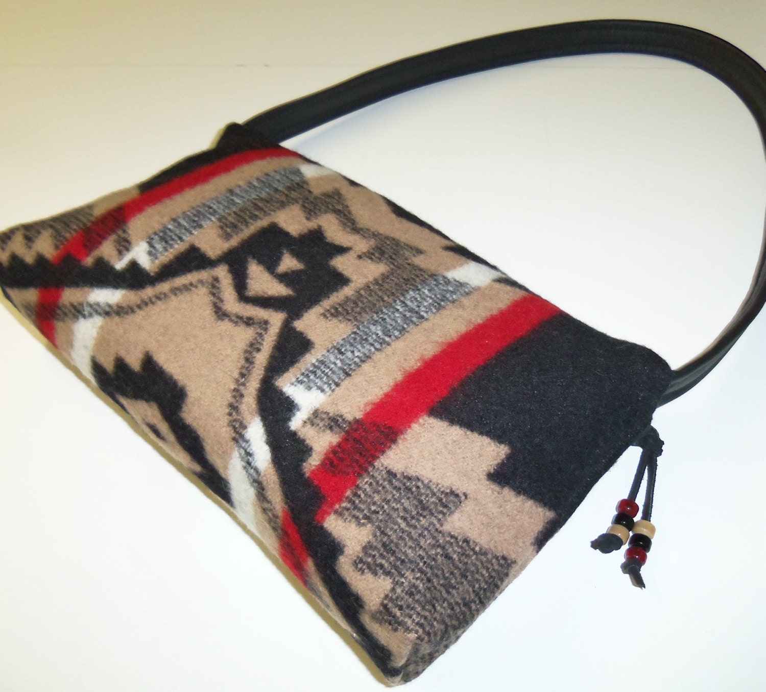 Black Red Wool Bag Purse Shoulder Bag Leather Strap Tribal Inspired