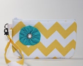 Wristlet / Padded Zipper Pouch - Chevron Stripes in Yellow with Turquoise Flower