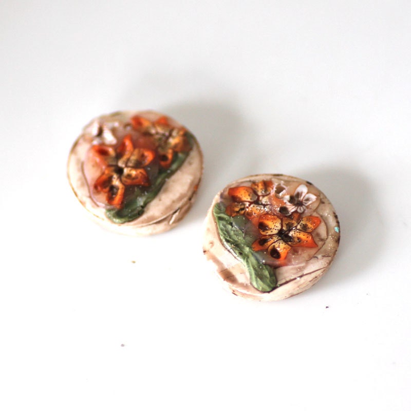 Polymer Clay Beads, Tiger Lily Flower Beads Pair 978