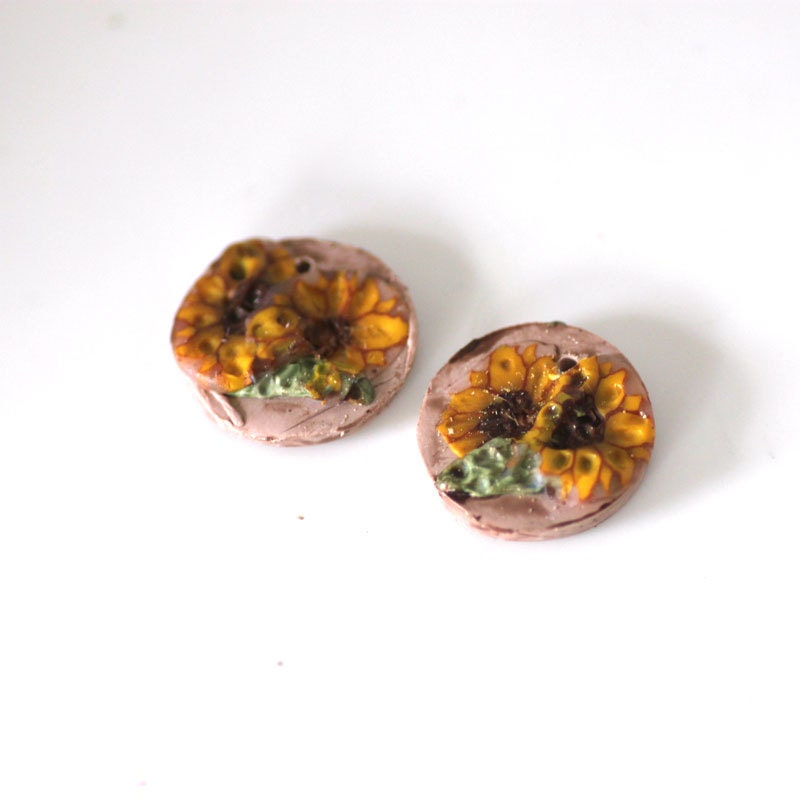 Polymer Clay Beads, Sunflower Beads, Flowers Pair 980