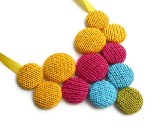 Bubble Drop- Cotton Knitted Necklace - Yellow, Pink, Turquoise and Lime (Free UK Shipping)