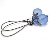 SALE Gunmetal Earrings - Blue Frosted Sea Glass Rounds and Baby Bellflowers