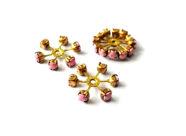 2 SWAROVSKI CRYSTAL beads, vintage,  flower shape brass setting with pink crystal- RARE