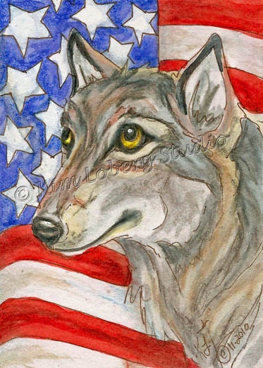 Patriotic Wolf American Flag ACEO Kim Loberg Wildlife Art Original USA