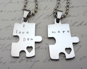 Puzzle Piece Couples Necklace  Set - Hand Stamped Custom - His & Hers - I Love You More- Fiance BFF Boyfriend Husband Partner Fathers Day