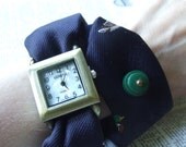 Watch Necktie Wrap in Midnight Blue and Mallard Ducks with green vintage button