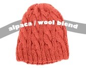Hand Knit Mens Beanie - Cable Knit Hat - Alpaca Wool Blend Yarn - Pumpkin Orange