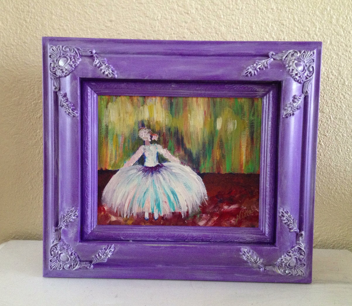 Back Stage ballerina abstract original painting canvas board acrylic green white red   8x10