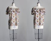 Floral Off Shoulder Ruffle Blouse 90s Vintage Colorful Floral Print Flouncy Ruffle Shirt