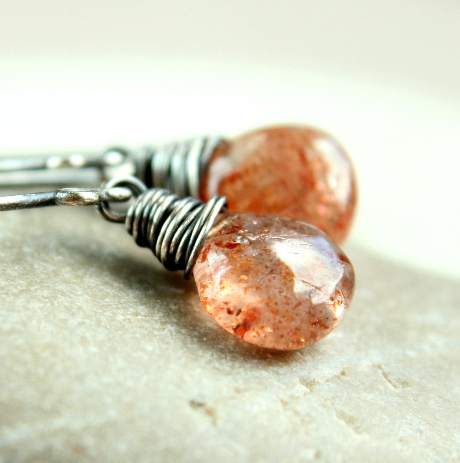 Sunstone   Earrings  -   Oxidized - Sterling Silver -  Handmade  Jewelry  -     Peach - Gemstone Earrings  -    Wire Jewelry
