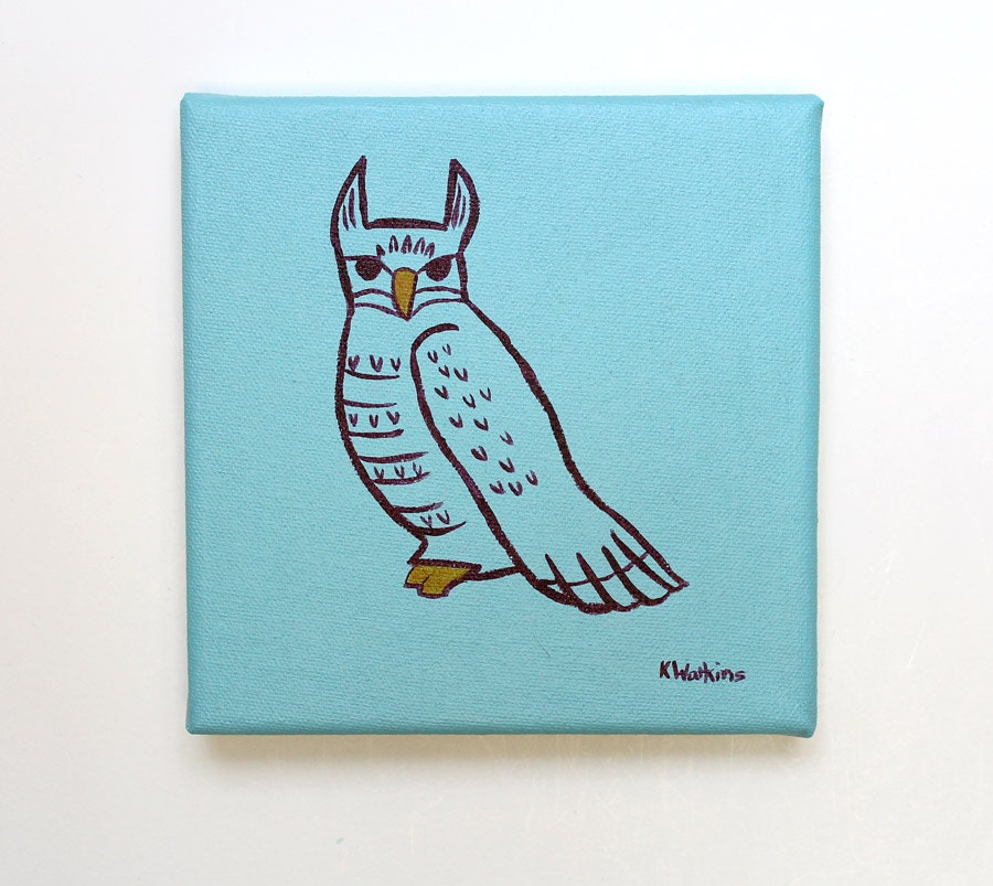 Great Horned Owl - Sketch Painting - Original Wall Art Acrylic on Canvas 6 x 6