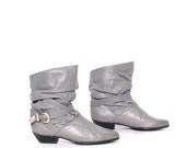 size 7.5 BUCKLE gray leather 80s SLOUCHY ankle strap boots