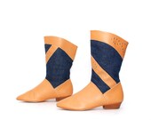 size 9 BLUE DENIM tan leather 80s STUDDED southwest ankle boots