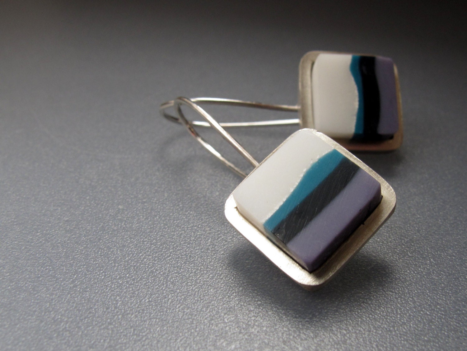 Stripe - Teal and Lavender Striped Resin Earrings - Square Silver & Resin Dangle Earring - Teal Blue, Indigo, Lavender - One of a Kind