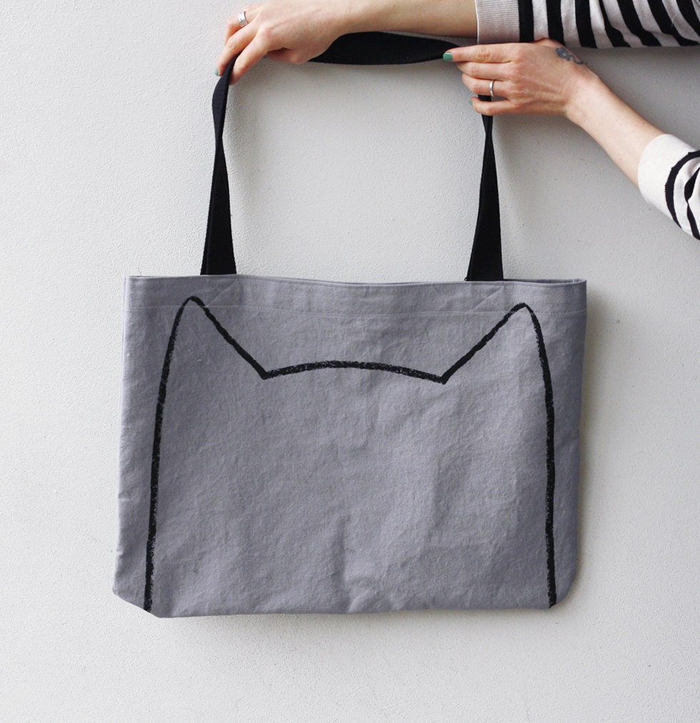 Big Kitty Tote Bag, Screen Printed Cat Canvas Tote Bag in Gray, eco gift for her, animal lover, cat lady, kitten, pet lover