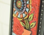 Blossom in Vase Mosaic Tile -Raku Clay Tile Mosaic  Framed Art- Colorful Whimsical Botanic Pottery Home Decor Gardener Gift Made to Order
