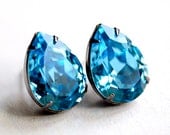 Crystal Stud Earrings - Aquamarine - Sterling Silver