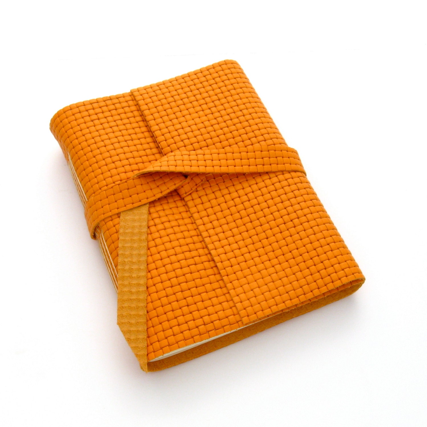 Warm Poppy Orange Leather Journal, Leather Sketchbook, Bright Spring Geometric Journal Embossed with Squares