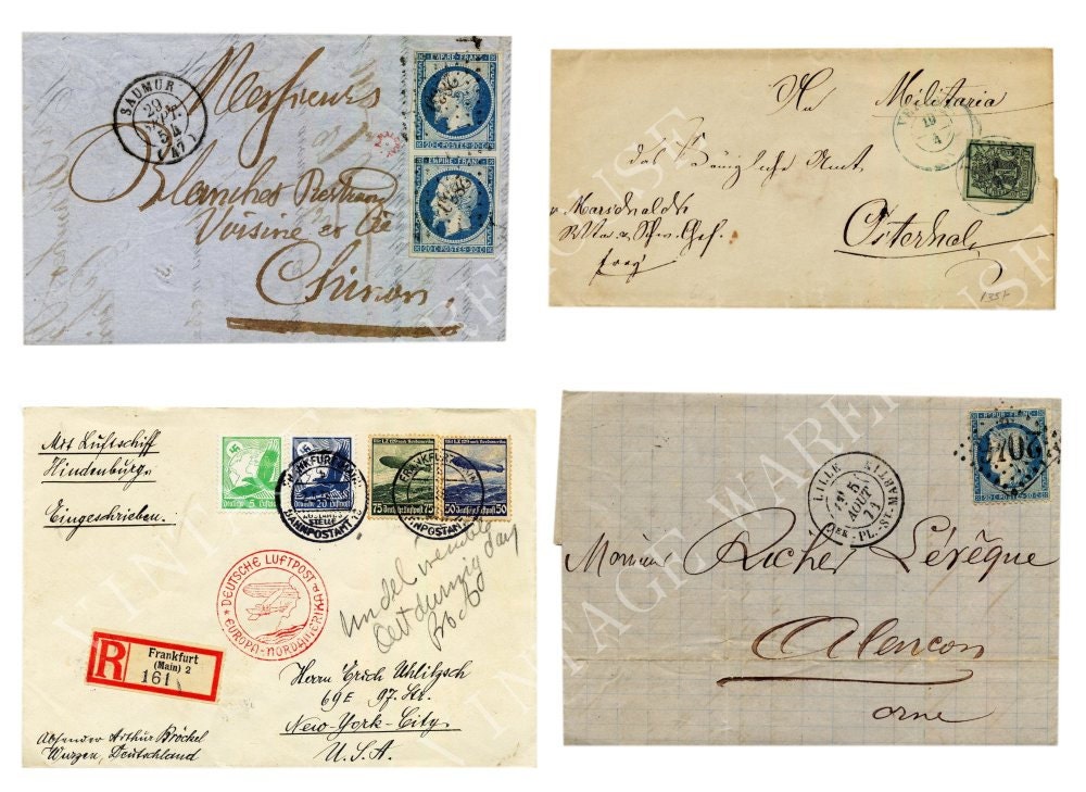 ANTIQUE LETTERS ENVELOPES - France Germany - French and German Handwriting,Stamps - two Digital Downloads, Iron on Transfer,Print,Cards