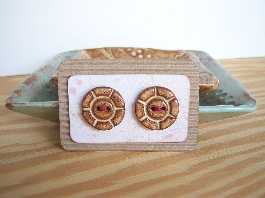 Round Speckled Tan Ceramic Stoneware Buttons - Set of 2