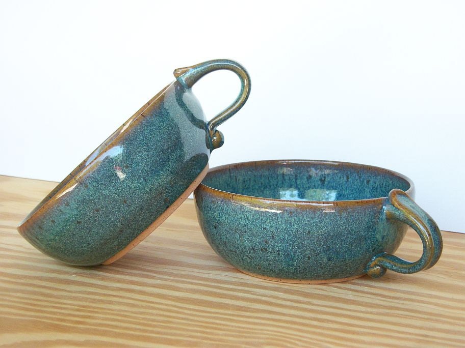 Stoneware Pottery Bowls - One Handle Soup Bowls in Sea Mist Glaze - Set of 2