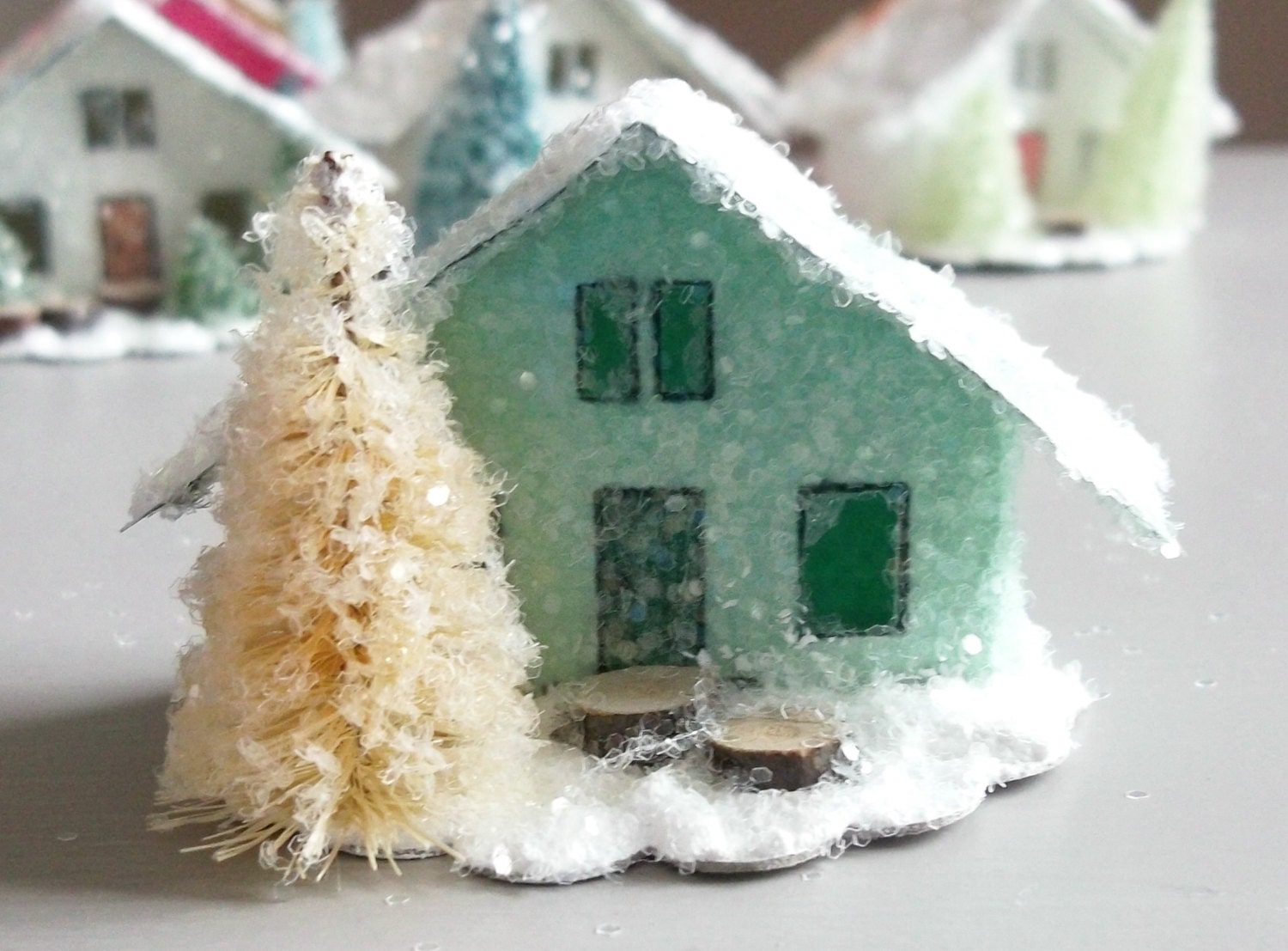 Vintage Putz Style Miniature Mint Green Glitter Sugar House Frosty the Snowman Shabby Christmas Village Ornament Whie Bottle brush  Tree