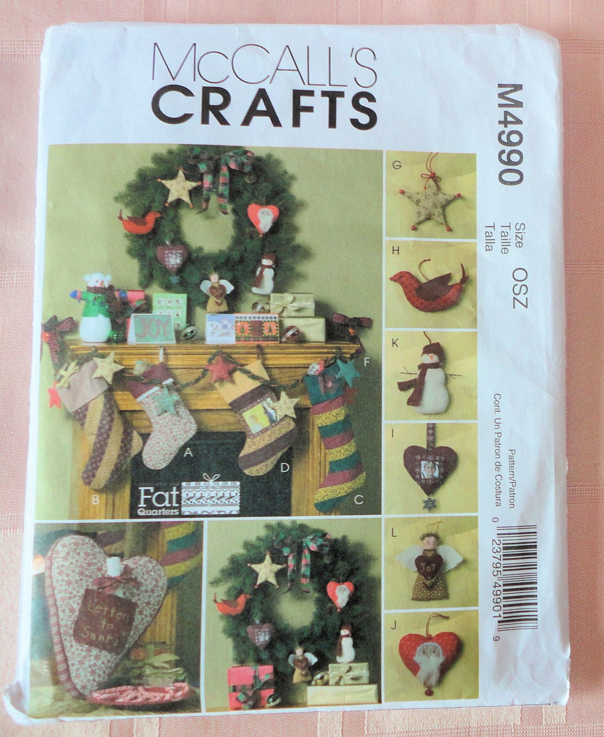 McCall's M 4990 UNCUT Sewing Pattern Christmas Decorations Holiday Garland Pillow Ornament Angel Stocking Snowman Bird Star Heart Santa