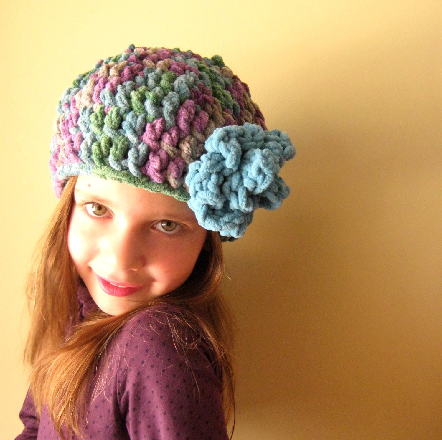 4-6 years -  Crochet Hat with Flower - Soft Fleece yarn in Purple , Green and Blue