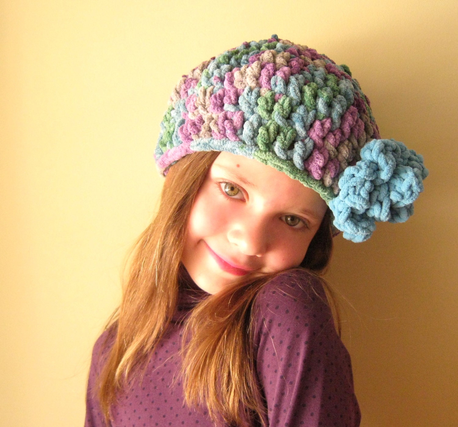 6-8 years -  Crochet Hat with Flower - Soft Fleece yarn in Purple , Green and Blue