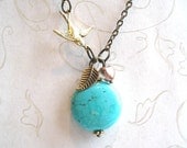 Turquoise Necklace - brass bird charm