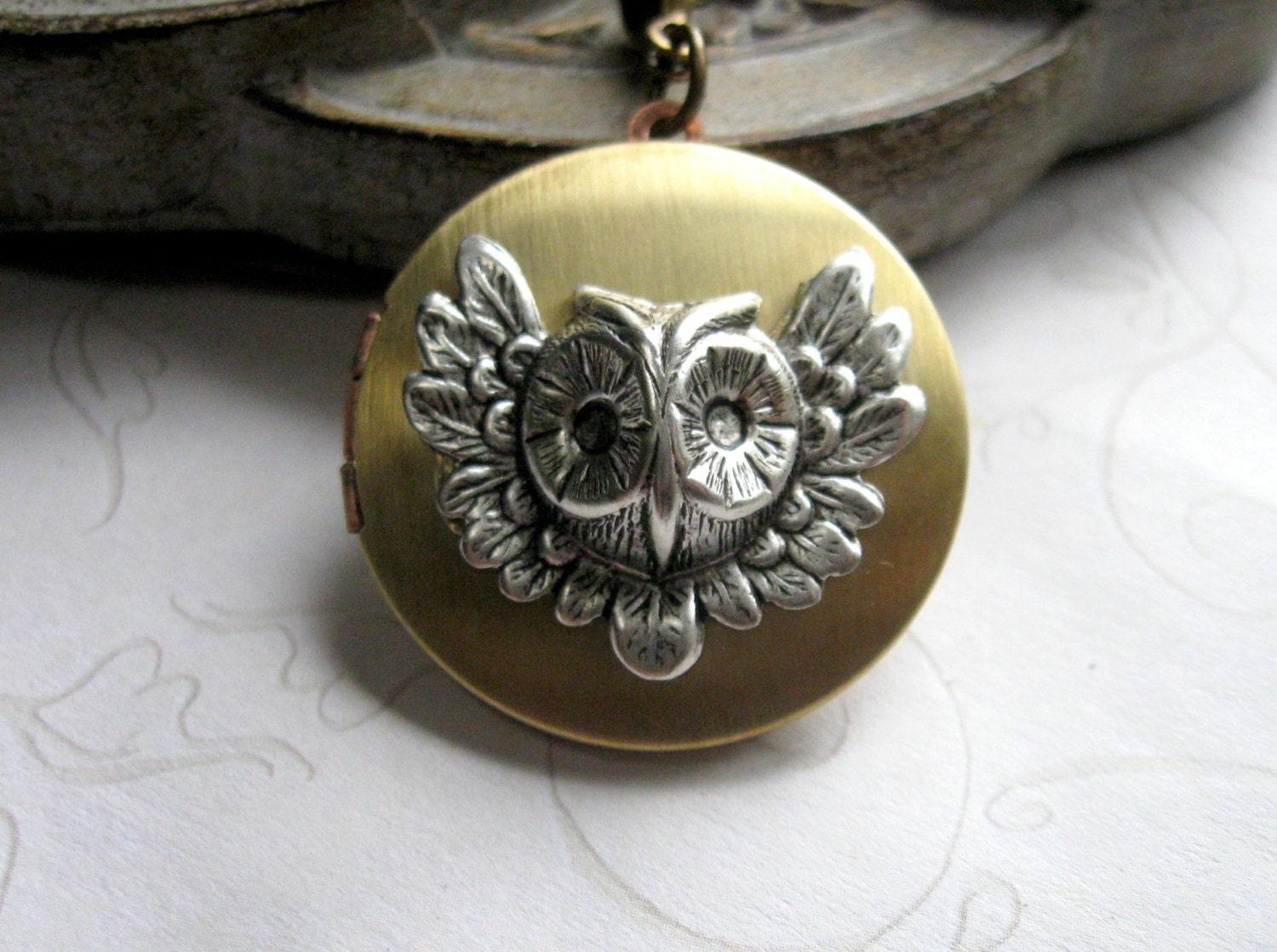 Brass Owl Locket necklace, brass chain - owl head - wings