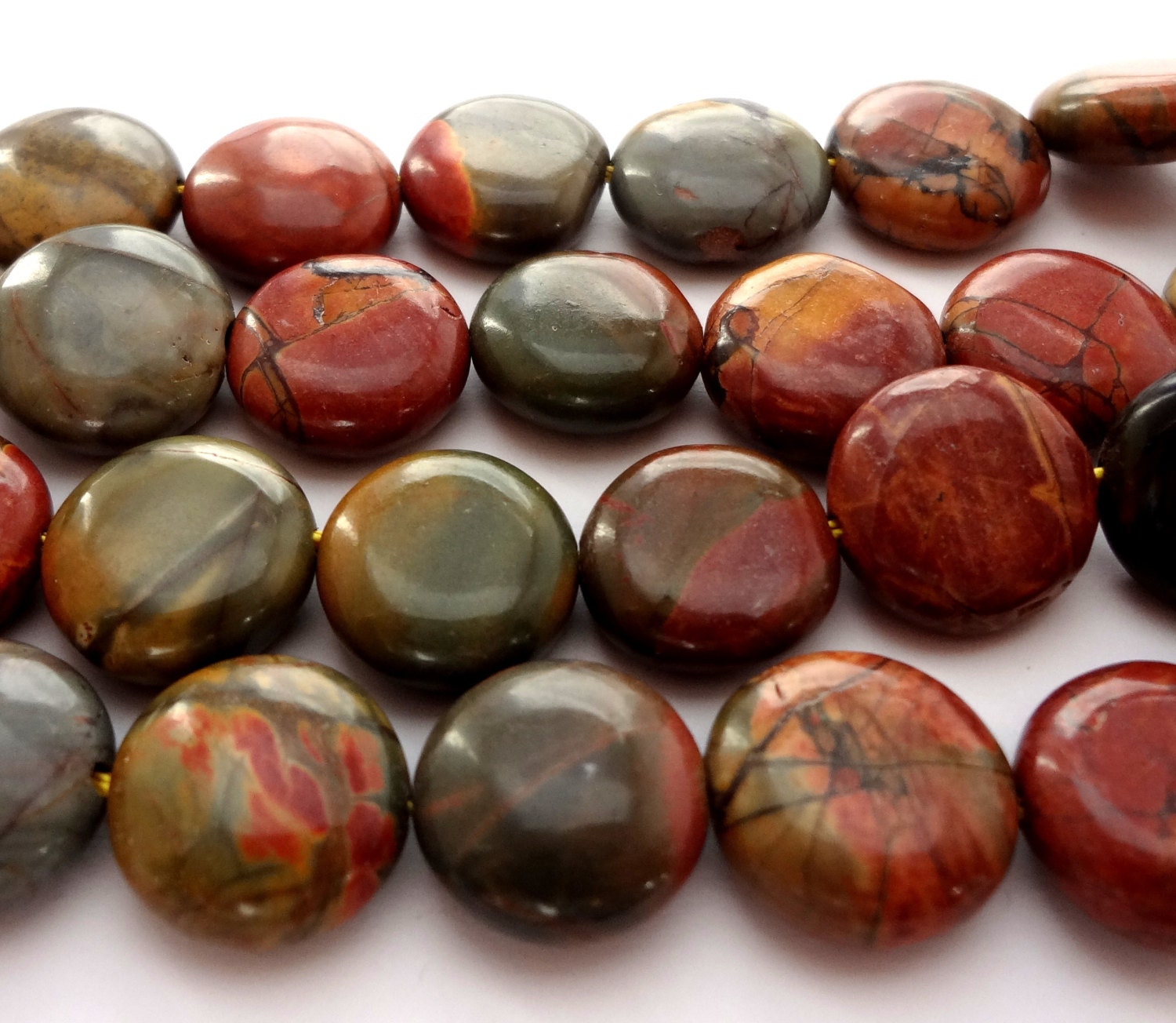 14mm Natural Multi Color Round Disc Picasso Jasper Semi Precious Gemstone Beads 14 Pcs