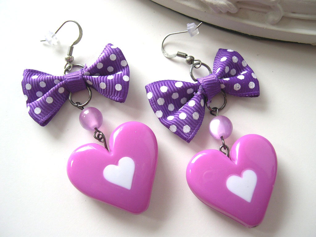 Fairy Kei Heart And Bow Earrings lolita