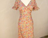 Vintage 80s floral print dress // chiffon praire chic sheath // puffy sleeves // sm-med