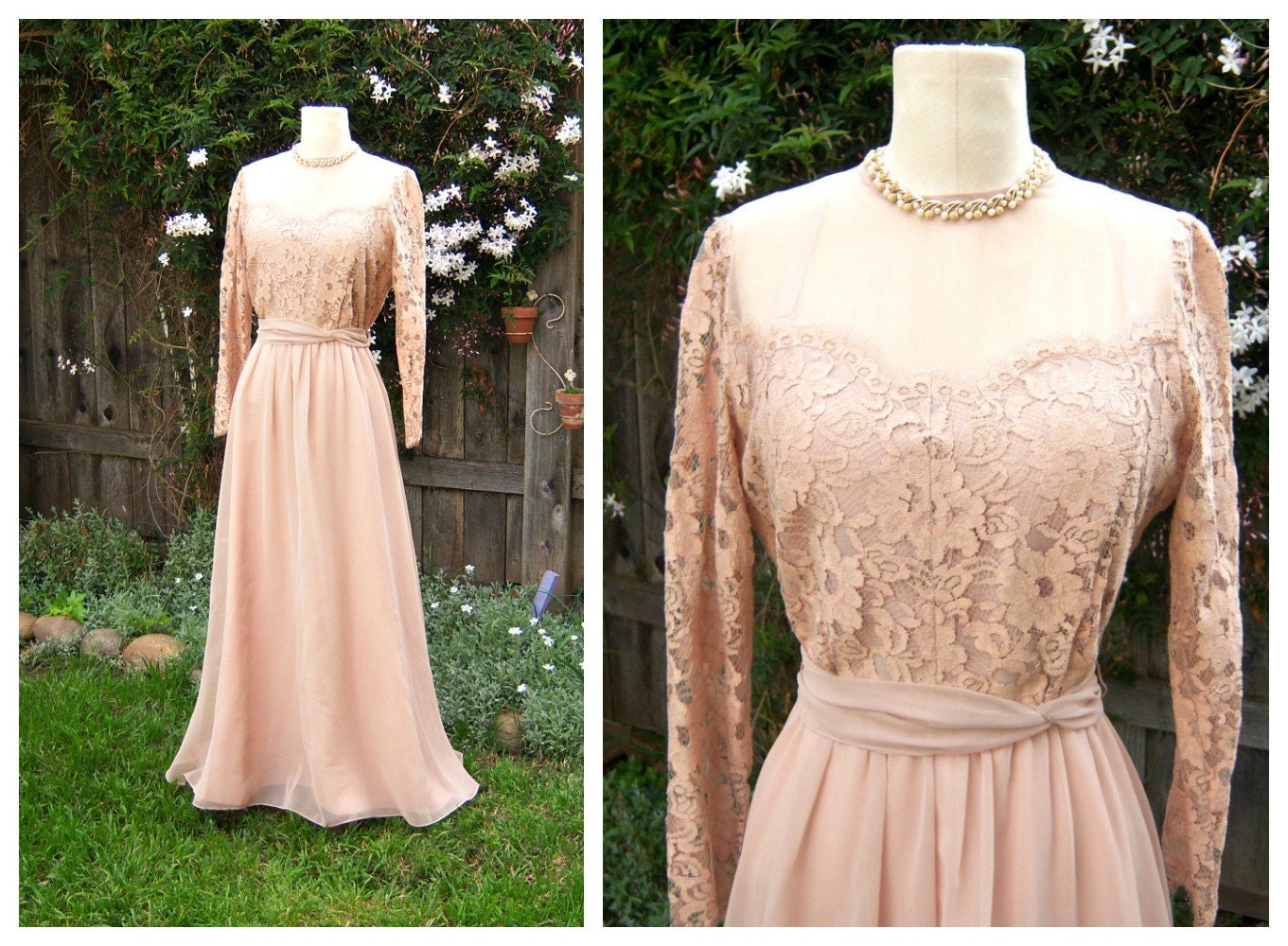 Vintage chiffon lace wedding dress // dusty rose // formal bridesmaid // satin lininig // lace sleeves
