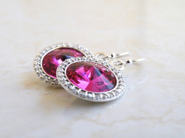 Hot Pink Fuchsia Earrings Swarovski Crystal Rivoli Sterling Silver CZ Halo Bridesmaid Jewelry Wedding Jewelry Bridal