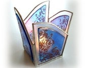 Sapphire Damask Fused Glass Candle Holder Iridescent Blue