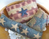 Primitive Seasonal, Stars and Stripes make do set of 3, USA dough bowl filler mini pillows, rusty bells, painted metal star, GRP5
