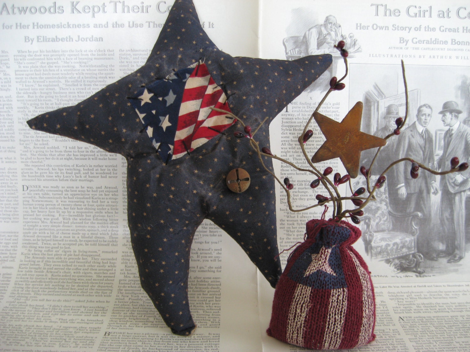 Primitive Americana Bowl Filler, Patriotic folk Star and Flag Bag with Pip Berries and rusty tin star, Stars and Stripes Make Do set