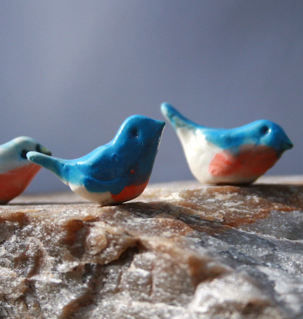 bird figurine - three bluebirds - porcelain sculpture