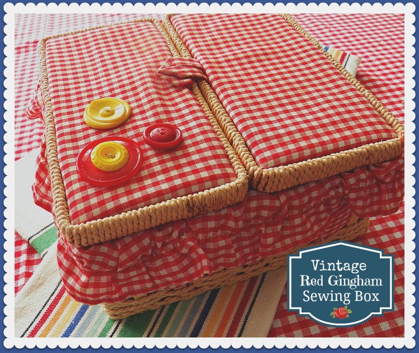 Sweetest Vintage 60s  RED GINGHAM and WICKER Sewing Box